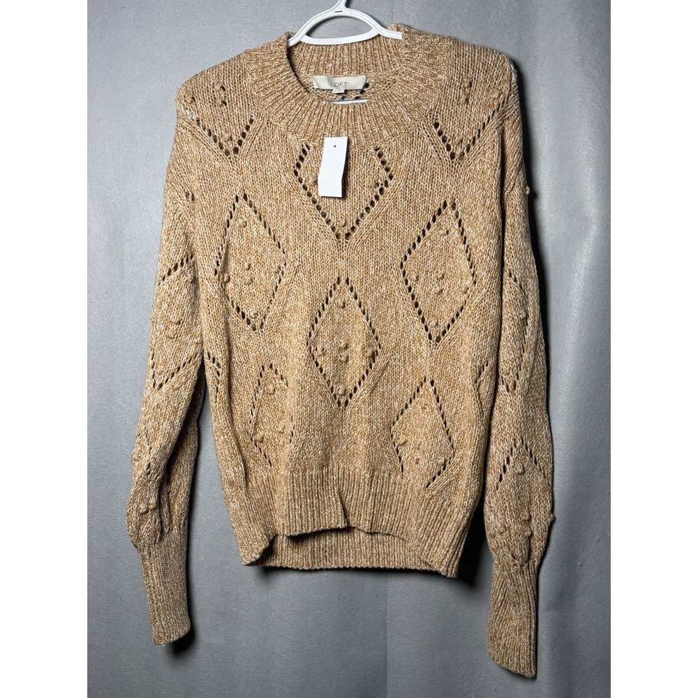 Loft Womens Tan Marl Diamond Pointelle Bobble Knit Sweater Medium New